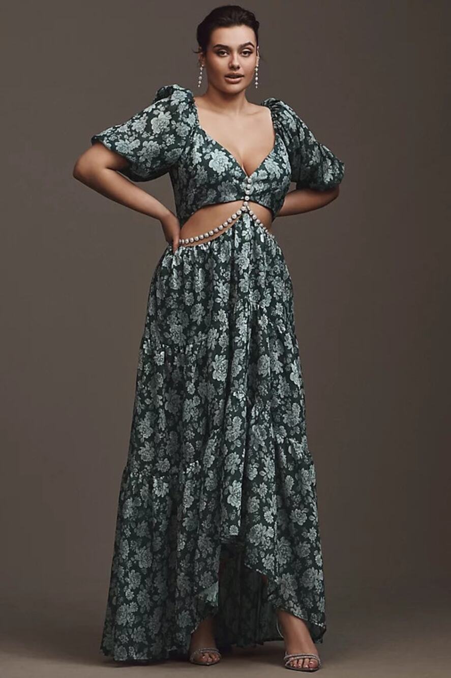 Anthropologie x V. Chapman Emma V-Neck A-Line Brocade Cutout Maxi Dress Sz 12